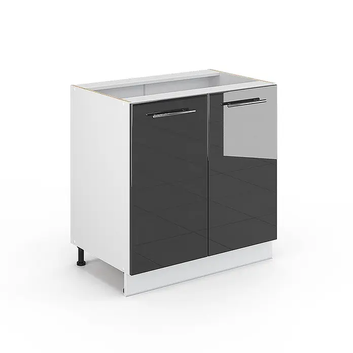 Vicco Schrankküche Fame-Line Anthrazit Hochglanz mit Regal, ohne Arbeitsplatte - Anthrazit Hochglanz, Unterschrank 80 cm - Weißer Küchenunterschrank mit zwei glänzend dunkelgrauen Türen, Chromgriffen, Sockelleiste und verstellbaren Füßen.