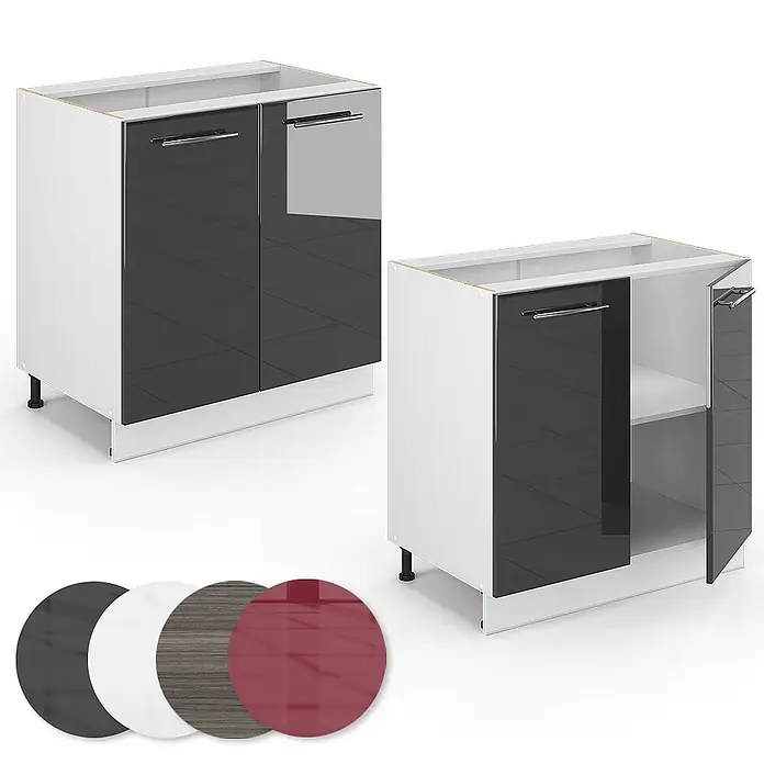 Vicco Schrankküche Fame-Line Anthrazit Hochglanz mit Regal, ohne Arbeitsplatte - Anthrazit Hochglanz, Unterschrank 80 cm - Zwei weiße Unterschränke mit dunkelgrauen Hochglanztüren und Metallgriffen; einer offen mit Einlegeboden. Farbmuster unten.
