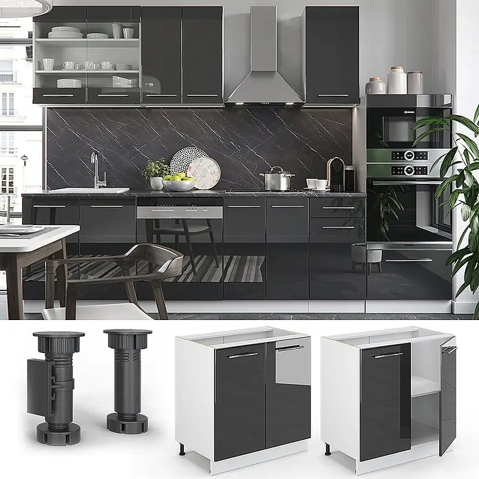 Vicco Schrankküche Fame-Line Anthrazit Hochglanz mit Regal, AP Eiche - Anthrazit Hochglanz, Unterschrank 80 cm, AP Eiche - Dunkelgraue Hochglanz-Küchenschränke in einer modernen Küche mit integrierten Geräten.