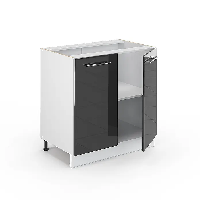 Vicco Schrankküche Fame-Line Anthrazit Hochglanz mit Regal, AP Eiche - Anthrazit Hochglanz, Unterschrank 80 cm, AP Eiche - Weißer Küchenunterschrank mit dunkelgrauen Hochglanztüren, eine geöffnet mit verstellbarem Regal, und silbernen Griffen.