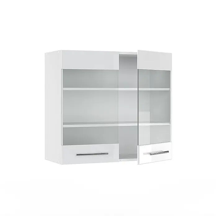 Vicco Schrankküche Fame-Line Weiß Hochglanz - Weiß Hochglanz, Hängeglasschrank 80 cm - Weißer Hängeschrank mit Glastüren und zwei unteren Schubladen zur Aufbewahrung.