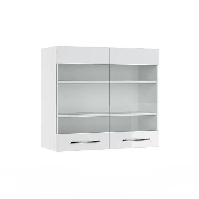 Vicco Schrankküche Fame-Line Weiß Hochglanz - Weiß Hochglanz, Hängeglasschrank 80 cm - Weißer Hochglanz-Hängeschrank mit zwei Glastüren und zwei Schubladen, ausgestattet mit silbernen Griffen.