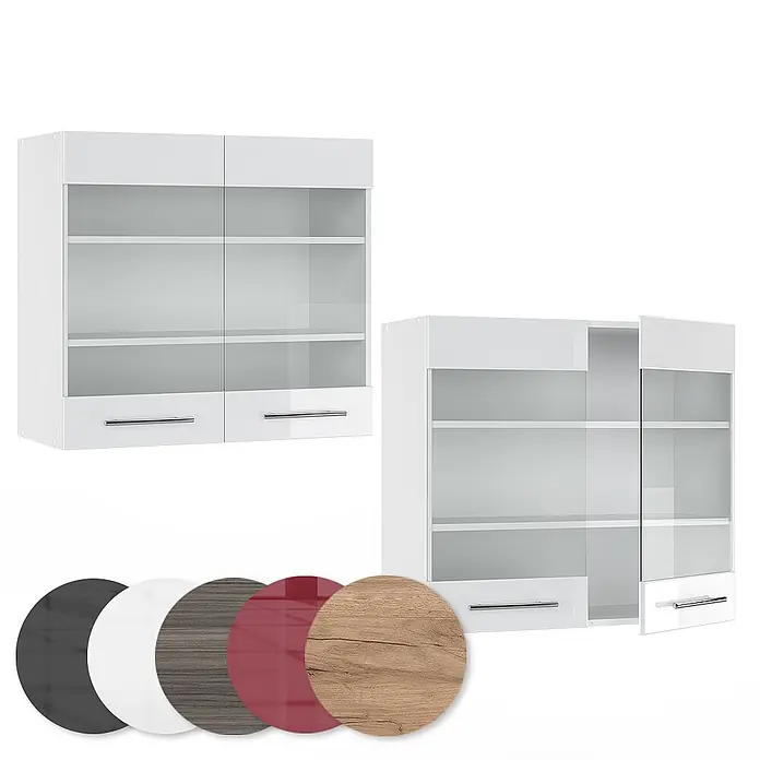 Vicco Schrankküche Fame-Line Weiß Hochglanz - Weiß Hochglanz, Hängeglasschrank 80 cm