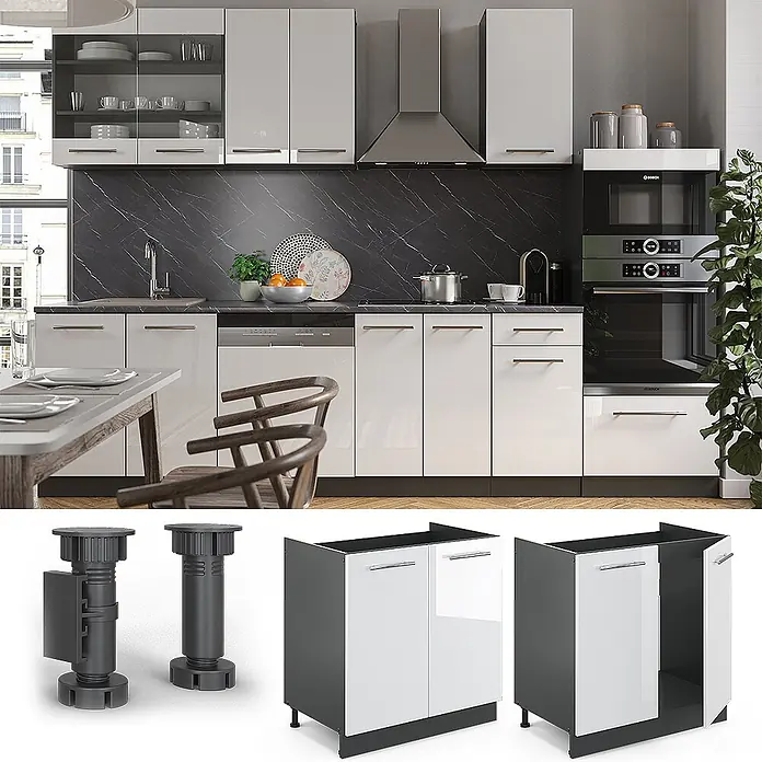 Vicco Schrankküche Fame-Line Weiß Hochglanz, AP Eiche - Weiß Hochglanz, Spülenunterschrank 80 cm, AP Eiche - Moderne weiße Hochglanz-Küchenschränke mit dunklen Arbeitsplatten und integrierten Geräten.