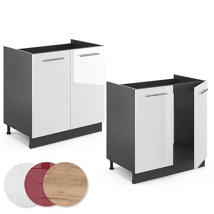 Vicco Schrankküche Fame-Line Weiß Hochglanz, AP Eiche - Weiß Hochglanz, Spülenunterschrank 80 cm, AP Eiche - Zwei Küchenunterschränke mit hochglänzenden weißen Türen und dunkelgrauen Rahmen, gezeigt mit weißen, roten und Holzdekor-Mustern.