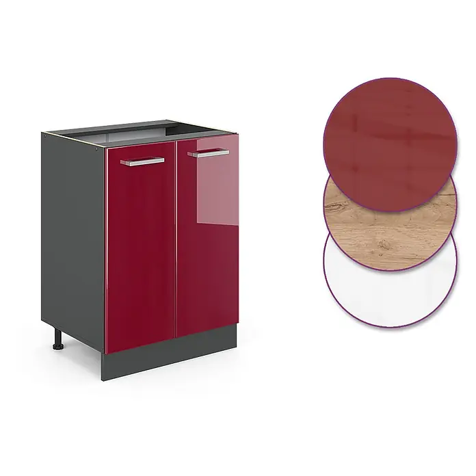 Vicco Schrankküche R-Line Rot Hochglanz ohne Arbeitsplatte - Rot Hochglanz, Unterschrank 60 cm - Dunkelgrauer Küchenunterschrank mit glänzenden roten Türen und silbernen Griffen, daneben Muster in Rot, Holz und Weiß.