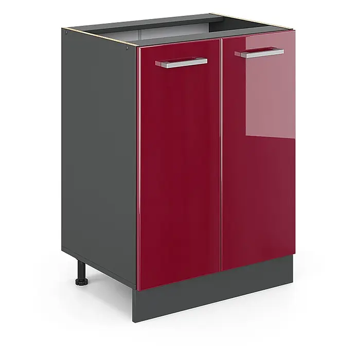 Vicco Schrankküche R-Line Rot Hochglanz ohne Arbeitsplatte - Rot Hochglanz, Unterschrank 60 cm - Dunkelgrauer Unterschrank mit zwei hochglänzenden roten Türen und silbernen Griffen. Mit verstellbaren Füßen und Sockel.