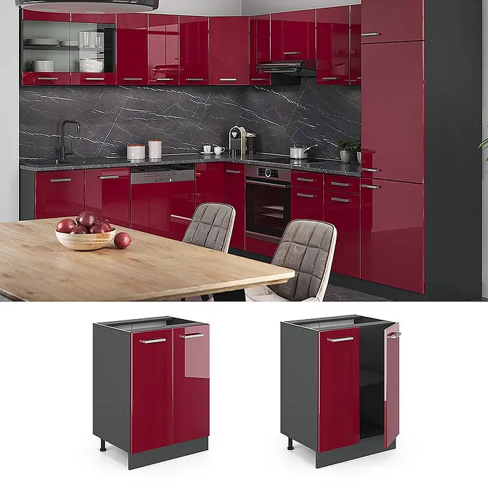 Vicco Schrankküche R-Line Rot Hochglanz ohne Arbeitsplatte - Rot Hochglanz, Unterschrank 60 cm - Moderne Küche mit hochglänzenden roten Fronten und dunkelgrauen Elementen, in einer kompletten Kücheneinrichtung dargestellt.