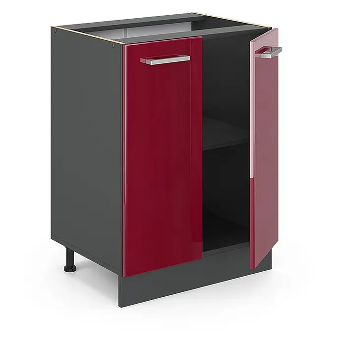 Vicco Schrankküche R-Line Rot Hochglanz ohne Arbeitsplatte - Rot Hochglanz, Unterschrank 60 cm - Dunkelgrauer Küchenunterschrank mit zwei glänzenden roten Türen und silbernen Griffen, eine Tür offen mit Regal.