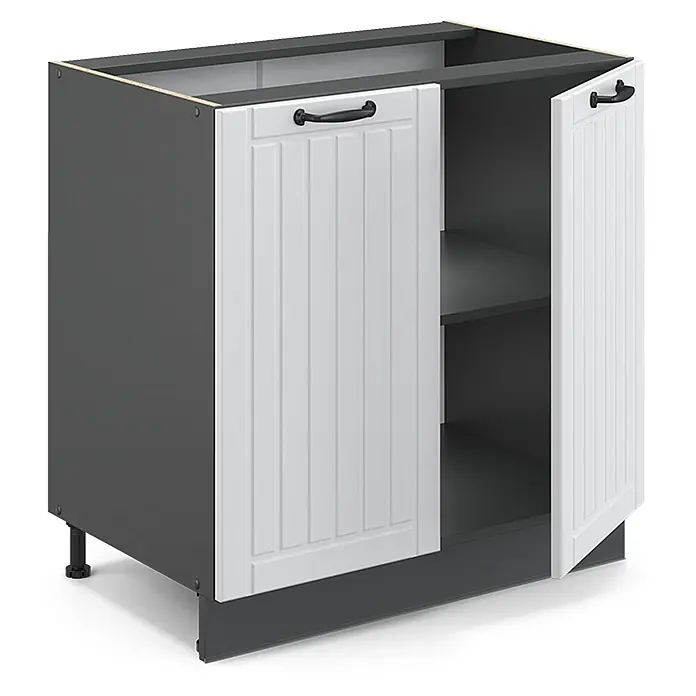 Vicco Schrankküche Fame-Line Weiß Landhaus mit Regal, ohne Arbeitsplatte - Weiß Landhaus, Unterschrank 80 cm - Dunkelgrauer Küchenunterschrank mit weißen Lamellentüren, schwarzen Griffen und einem Innenregal.