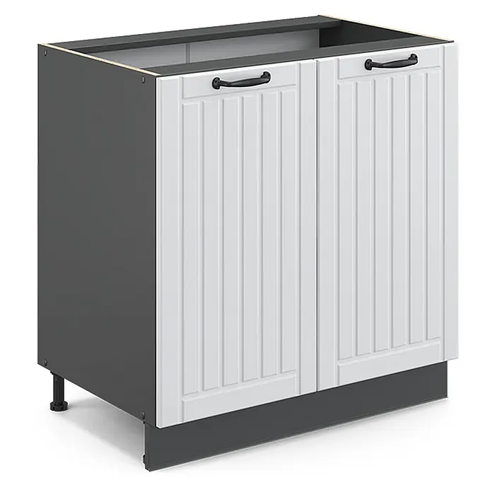 Vicco Schrankküche Fame-Line Weiß Landhaus mit Regal, ohne Arbeitsplatte - Weiß Landhaus, Unterschrank 80 cm - Weißer Unterschrank mit zwei Flügeltüren und Rillenmuster, dunklem Korpus, schwarzen Griffen und Sockelblende.