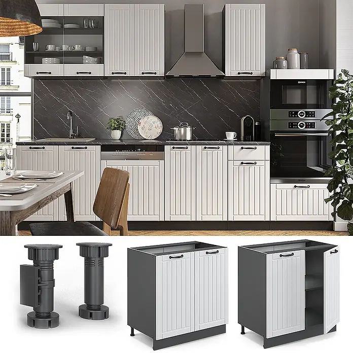 Vicco Schrankküche Fame-Line Weiß Landhaus mit Regal, AP Eiche - Weiß Landhaus, Unterschrank 80 cm, AP Eiche - Weiße geriffelte Küchenschränke mit schwarzen Griffen in einer modernen Küche mit Einbaugeräten.