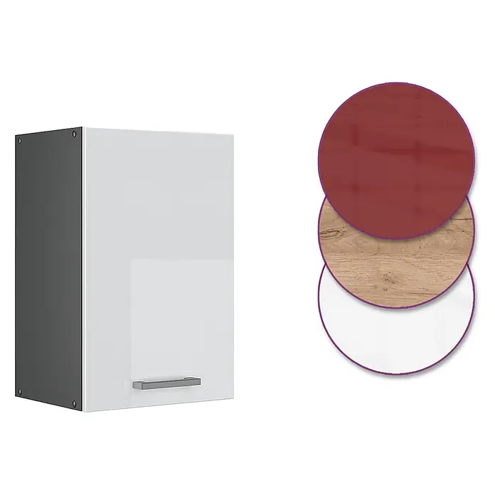 Vicco Schrankküche R-Line Weiß Hochglanz - Weiß Hochglanz, Hängeschrank 40 cm - Wandschrank mit weißer Tür und dunkelgrauer Seitenwand, gezeigt mit roten, Holzmaserung- und weißen Oberflächenoptionen.