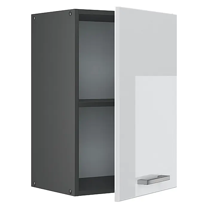 Vicco Schrankküche R-Line Weiß Hochglanz - Weiß Hochglanz, Hängeschrank 40 cm - Dunkelgrauer Wandschrank mit zwei Einlegeböden und einer weißen, teilweise geöffneten Tür mit silbernem Griff.