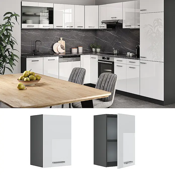 Vicco Schrankküche R-Line Weiß Hochglanz - Weiß Hochglanz, Hängeschrank 40 cm - Moderne L-förmige Küche mit glänzenden weißen Schranktüren, dunkelgrauen Seitenwänden und schwarzer Marmor-Effekt-Arbeitsplatte.