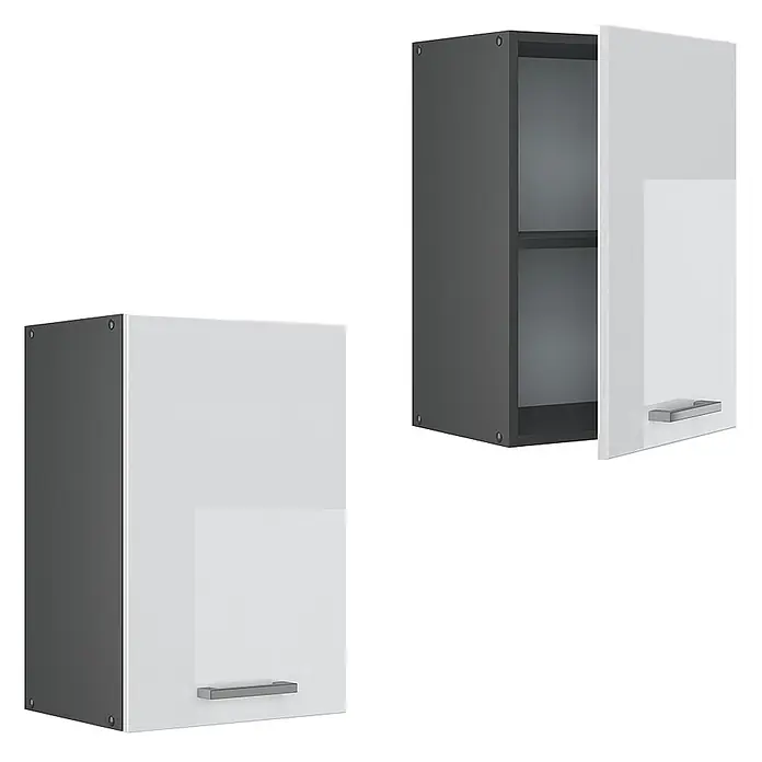 Vicco Schrankküche R-Line Weiß Hochglanz - Weiß Hochglanz, Hängeschrank 40 cm - Zwei moderne Küchenwandschränke: einer geschlossen, einer offen mit Einlegeböden. Dunkelgrauer Korpus, weiße Tür, Metallgriff.