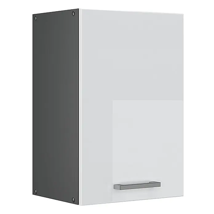 Vicco Schrankküche R-Line Weiß Hochglanz - Weiß Hochglanz, Hängeschrank 40 cm - Weißer Hochglanz-Hängeschrank mit dunkelgrauer Seitenwand und silbernem Stangengriff.