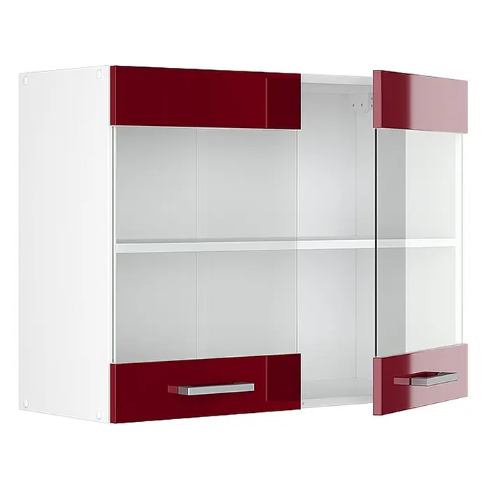 Vicco Schrankküche R-Line Rot Hochglanz - Rot Hochglanz, Hängeglasschrank 80 cm - Weißer Wandschrank mit roten Hochglanz-Ober- und Unterpaneelen, Glastüren und silbernen Griffen. Eine Tür ist teilweise geöffnet.