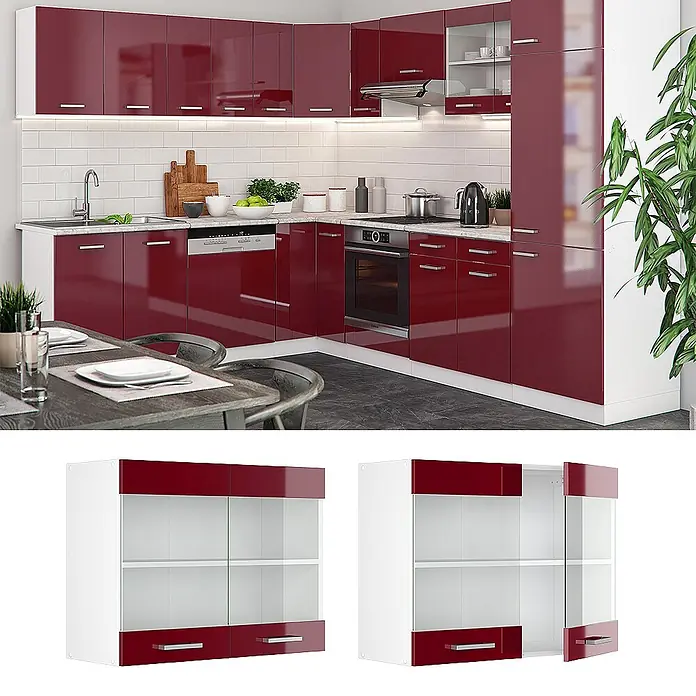 Vicco Schrankküche R-Line Rot Hochglanz - Rot Hochglanz, Hängeglasschrank 80 cm - Moderne hochglanzrote und weiße Küchenschränke mit Glasvitrinen.