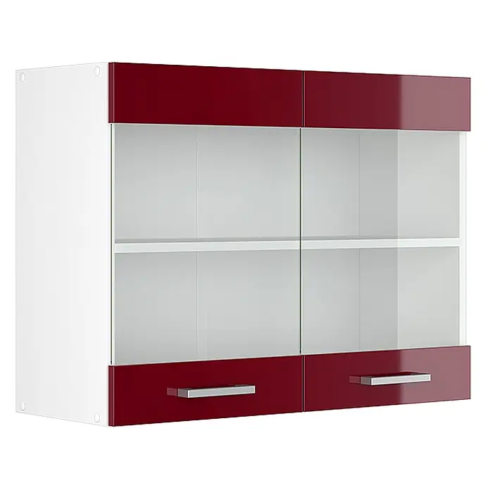 Vicco Schrankküche R-Line Rot Hochglanz - Rot Hochglanz, Hängeglasschrank 80 cm - Weißer Hängeschrank mit roten Hochglanz-Obertüren, zwei Glastüren und zwei roten Hochglanz-Schubladen mit silbernen Griffen.
