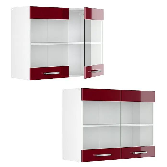Vicco Schrankküche R-Line Rot Hochglanz - Rot Hochglanz, Hängeglasschrank 80 cm - Weiße Küchenhängeschränke mit roten Hochglanzblenden, Glastüren und silbernen Griffen. Ein Schrank ist teilweise offen.