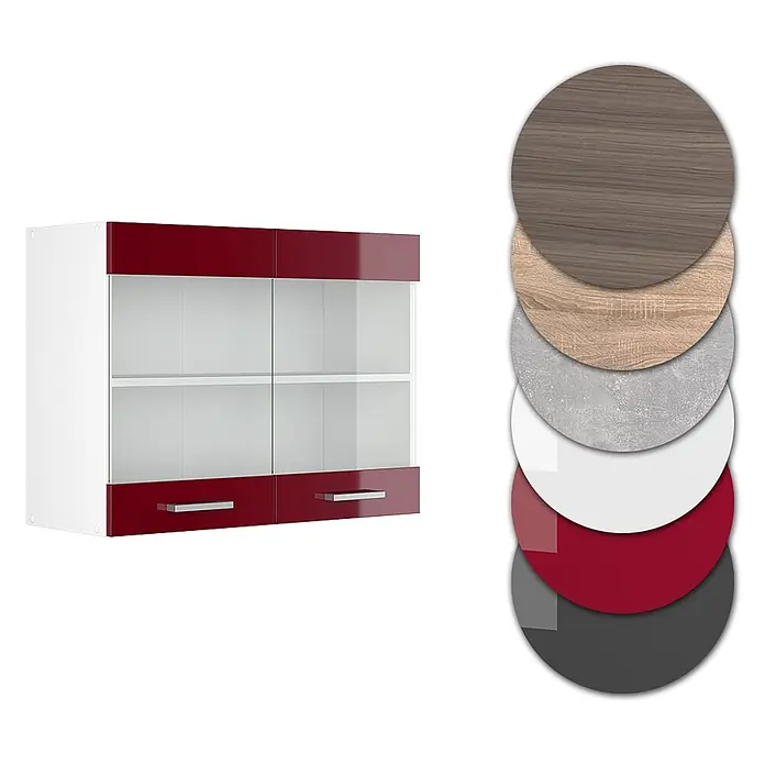 Vicco Schrankküche R-Line Rot Hochglanz - Rot Hochglanz, Hängeglasschrank 80 cm - Weißer Küchenhängeschrank mit roten Hochglanzpaneelen, Glastüren und Farbmuster.