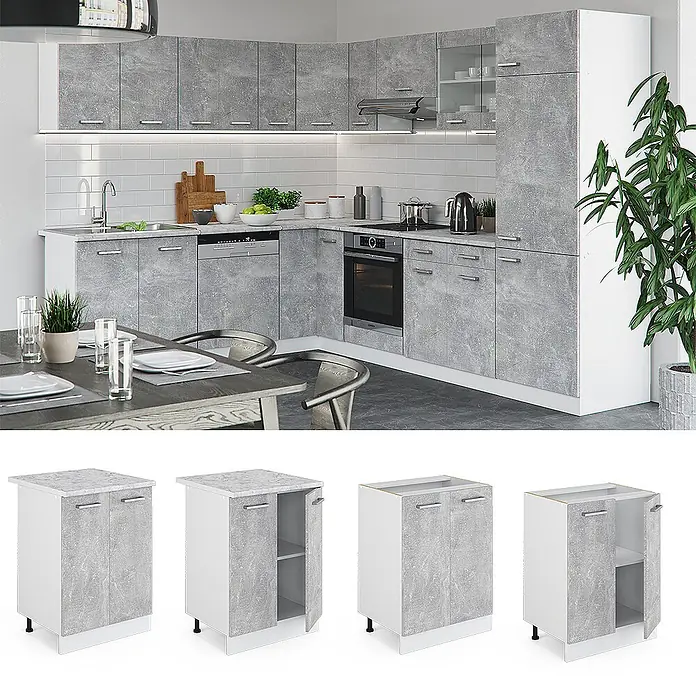 Vicco Schrankküche R-Line Beton, AP Eiche - Beton, Unterschrank 60 cm, AP Eiche - Modulares L-förmiges Küchenschranksystem mit grauen Beton-Effektfronten und weißen Seitenwänden, als Installation und Einzelmodule.