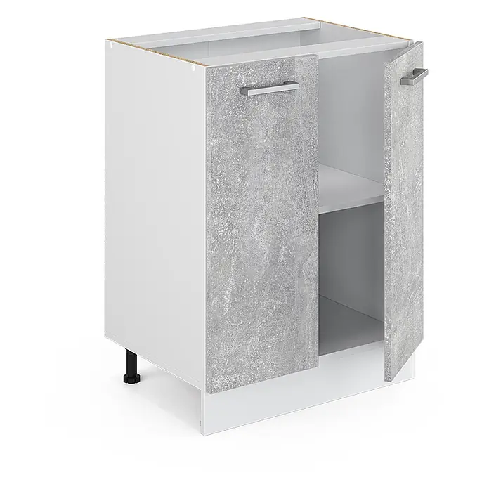 Vicco Schrankküche R-Line Beton, AP Eiche - Beton, Unterschrank 60 cm, AP Eiche - Weißer Unterschrank mit grauen Betonoptik-Türen, Metallgriffen und einem Einlegeboden.