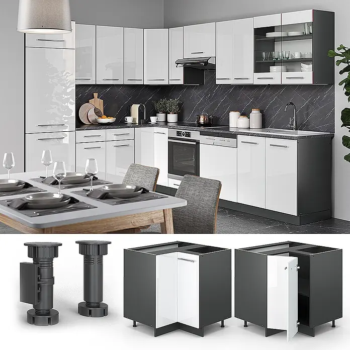 Vicco Schrankküche Fame-Line Weiß Hochglanz ohne Arbeitsplatte - Weiß Hochglanz, Eckunterschrank - Moderne modulare Küche mit hochglänzenden weißen Schränken und dunkelgrauen Elementen, mit verstellbaren Beinen und Unterschränken.