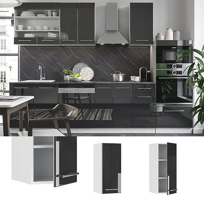 Vicco Schrankküche Fame-Line Anthrazit Hochglanz - Anthrazit Hochglanz, Hängeschrank 30 cm - Glänzende dunkelgraue Küchenschränke in einer modernen Küche, bieten stilvollen und funktionalen Stauraum.