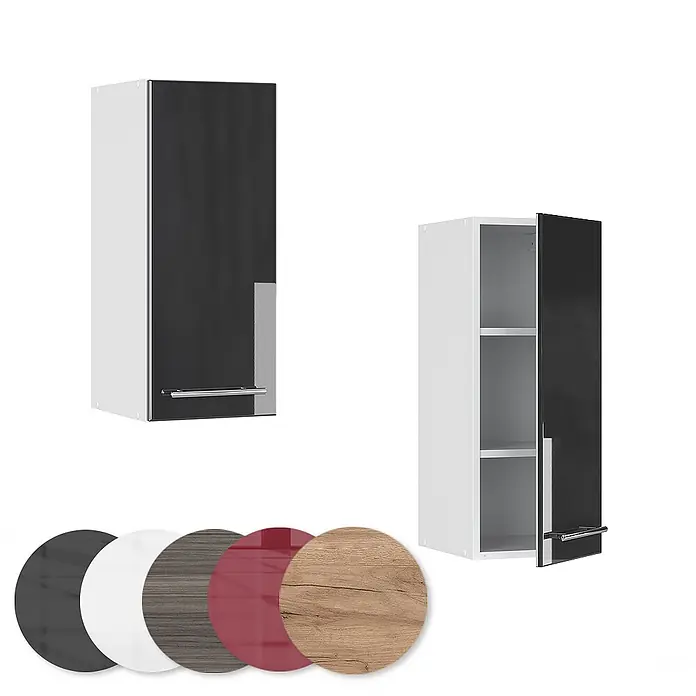 Vicco Schrankküche Fame-Line Anthrazit Hochglanz - Anthrazit Hochglanz, Hängeschrank 30 cm - Weißer Wandschrank mit glänzend schwarzer Tür, offen und geschlossen mit Regalen gezeigt. Farbauswahl.