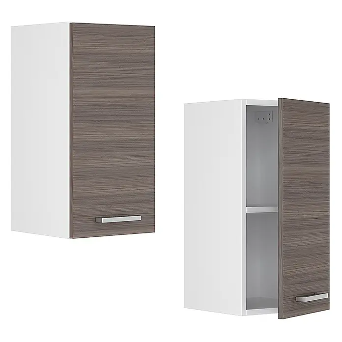 Vicco Schrankküche R-Line Edelgrau - Edelgrau, Hängeschrank 30 cm - Weißer Hängeschrank mit graubrauner Holzmaserungstür und silbernem Griff, geschlossen und offen mit Innenregalen.