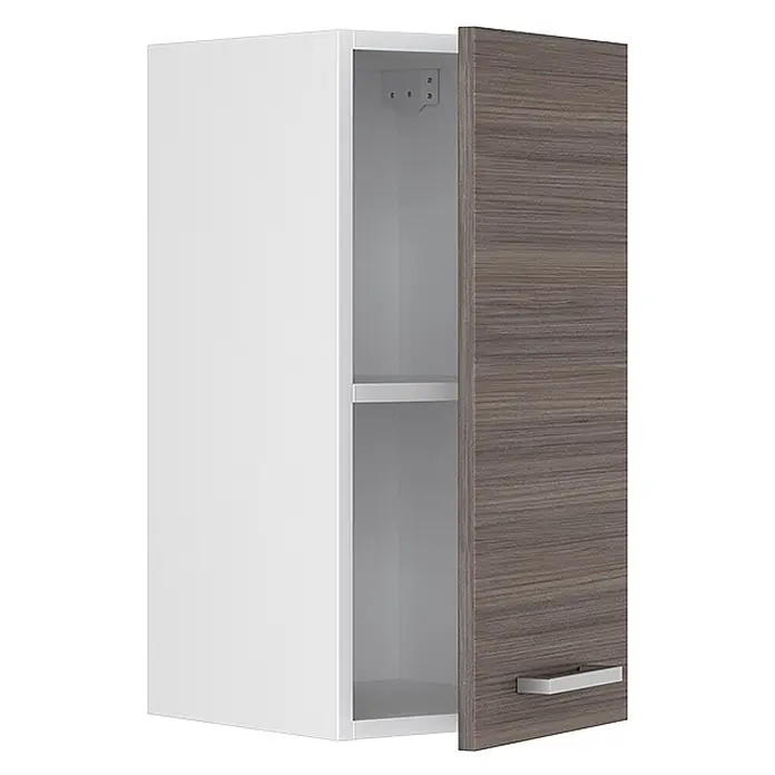 Vicco Schrankküche R-Line Edelgrau - Edelgrau, Hängeschrank 30 cm - Weißer Wandschrank, geöffnet, mit Holzmaserungstür, silbernem Griff und Einlegeboden.