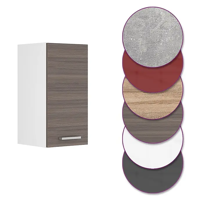 Vicco Schrankküche R-Line Edelgrau - Edelgrau, Hängeschrank 30 cm - Küchenwandschrank mit brauner Holzmaserungstür, weißer Seitenwand und Metallgriff.