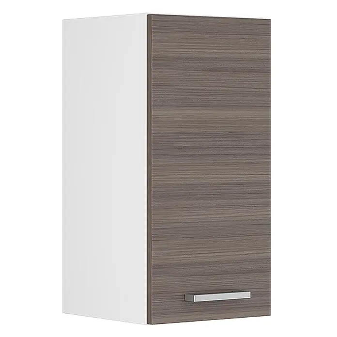 Vicco Schrankküche R-Line Edelgrau - Edelgrau, Hängeschrank 30 cm - Weißer Hängeschrank mit brauner Holzmaserungstür und silbernem Griff.