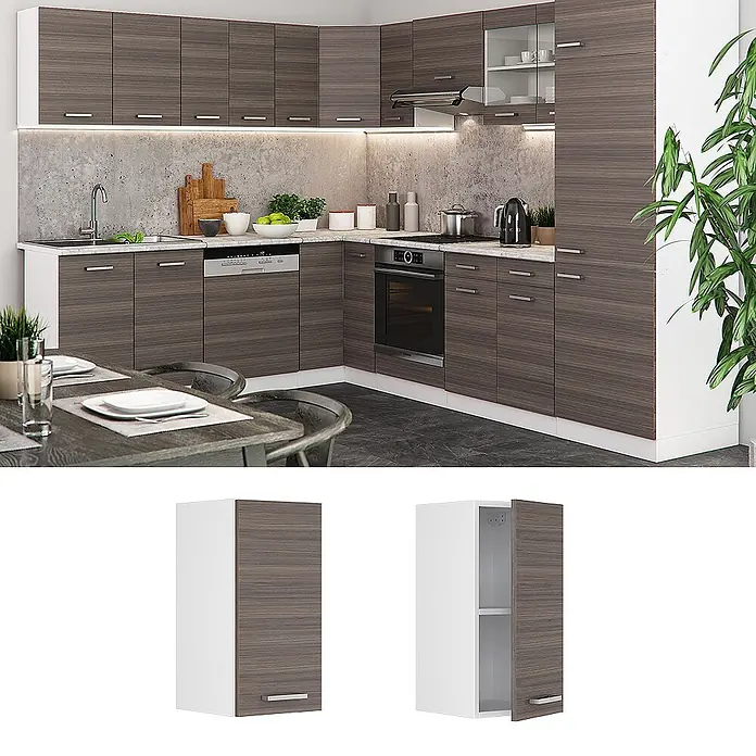 Vicco Schrankküche R-Line Edelgrau - Edelgrau, Hängeschrank 30 cm - Moderne L-förmige Küchenschrankanlage mit dunklen Holzmaserungstüren und weißen Rahmen/Arbeitsplatten, inkl. integrierter Geräte.