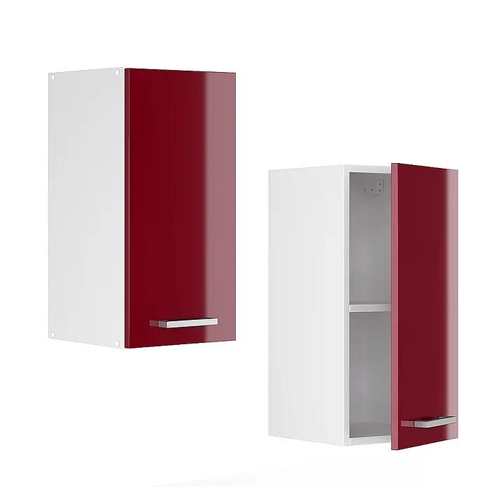 Vicco Schrankküche R-Line Rot Hochglanz - Rot Hochglanz, Hängeschrank 30 cm - Zwei weiße Hängeschränke mit glänzenden roten Türen und silbernen Griffen. Einer geschlossen, einer offen mit Innenregal.