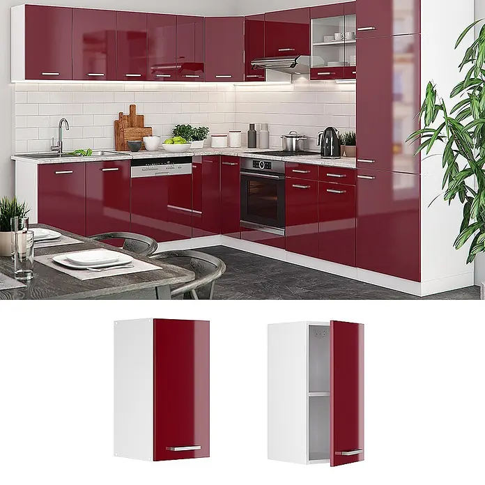 Vicco Schrankküche R-Line Rot Hochglanz - Rot Hochglanz, Hängeschrank 30 cm - Moderne rot-weiße Hochglanz-Küchenschränke mit Chromgriffen, in einer Küchenumgebung.