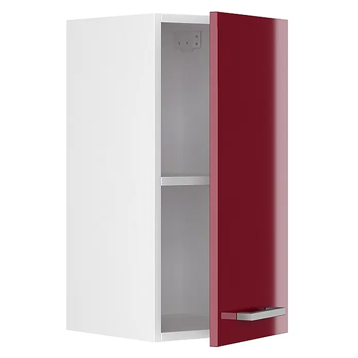 Vicco Schrankküche R-Line Rot Hochglanz - Rot Hochglanz, Hängeschrank 30 cm - Weißer Wandschrank mit glänzender roter Tür, teilweise geöffnet, zeigt ein Regal und einen silbernen Griff.