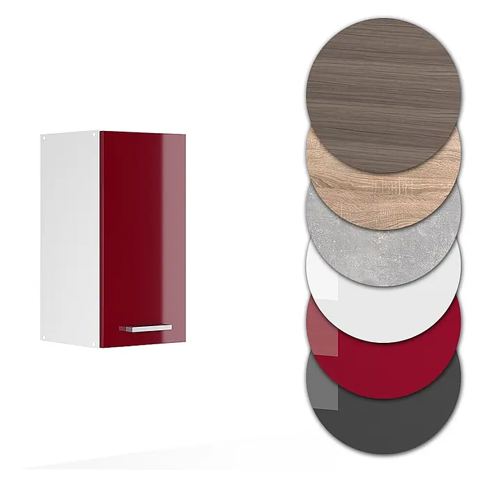 Vicco Schrankküche R-Line Rot Hochglanz - Rot Hochglanz, Hängeschrank 30 cm - Küchenhängeschrank mit weißem Korpus, glänzend roter Tür und verschiedenen Material- und Farbmustern.
