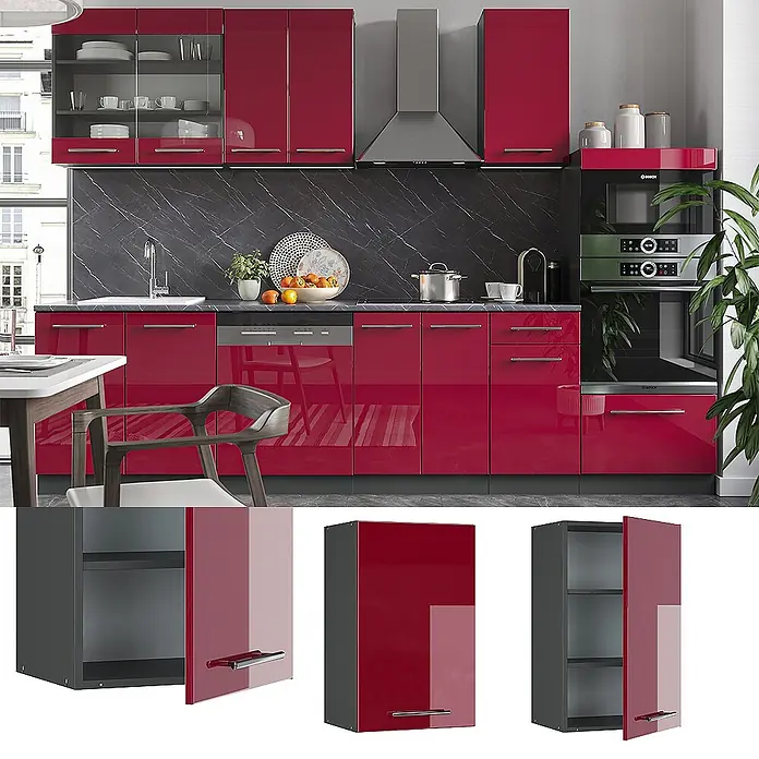 Vicco Schrankküche Fame-Line Bordeaux Hochglanz - Bordeaux Hochglanz, Hängeschrank 45 cm - Hochglanz rote Küchenschränke mit Edelstahlgriffen in einer modernen Küche.