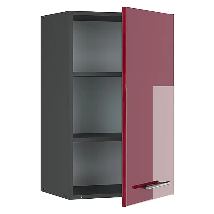 Vicco Schrankküche Fame-Line Bordeaux Hochglanz - Bordeaux Hochglanz, Hängeschrank 45 cm - Roter Hochglanz-Küchenhängeschrank mit offener Tür, grauem Innenraum und drei Einlegeböden.