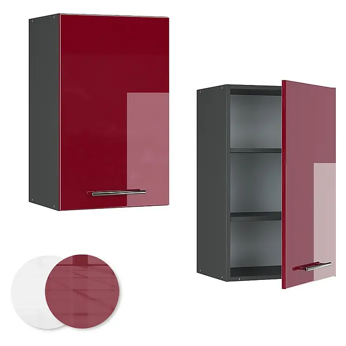 Vicco Schrankküche Fame-Line Bordeaux Hochglanz - Bordeaux Hochglanz, Hängeschrank 45 cm - Roter Hochglanz-Hängeschrank mit dunkelgrauem Korpus, geschlossen und geöffnet mit Einlegeböden gezeigt.