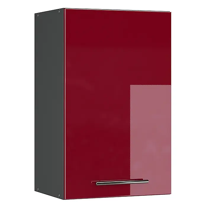Vicco Schrankküche Fame-Line Bordeaux Hochglanz - Bordeaux Hochglanz, Hängeschrank 45 cm - Glänzend roter Wandschrank mit grauer Seitenplatte und silbernem Griff.