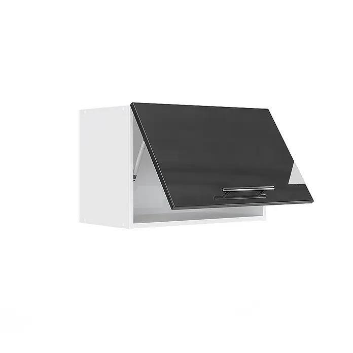 Vicco Schrankküche Fame-Line Anthrazit Hochglanz Flach - Anthrazit Hochglanz, Hängeschrank 60 cm (flach) - Weißer Wandschrank mit teilweise geöffneter dunkelgrauer Hochglanztür und silbernem Griff.