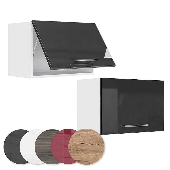 Vicco Schrankküche Fame-Line Anthrazit Hochglanz Flach - Anthrazit Hochglanz, Hängeschrank 60 cm (flach) - Zwei Hängeschränke mit weißen Korpus und glänzenden schwarzen Türen, einer offen, einer geschlossen. Farboptionen sind unten abgebildet.