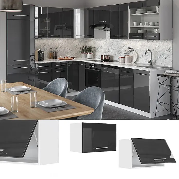 Vicco Schrankküche Fame-Line Anthrazit Hochglanz Flach - Anthrazit Hochglanz, Hängeschrank 60 cm (flach) - Moderne dunkelgraue Hochglanzküche mit L-förmigem Grundriss, integrierten Geräten und Wandschränken mit Klapptüren.