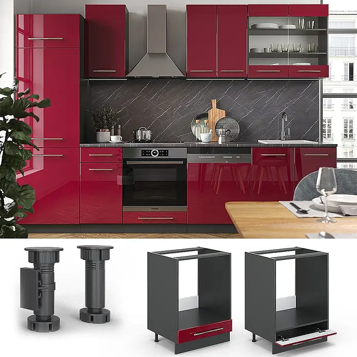 Vicco Schrankküche Fame-Line Bordeaux Hochglanz, AP Eiche - Bordeaux Hochglanz, Herdumbauschrank 60 cm, AP Eiche - Glänzende rote Küchenschränke mit dunkelgrauen Unterschränken, darunter ein integrierter Ofenschrank und verstellbare schwarze Kunststofffüße.