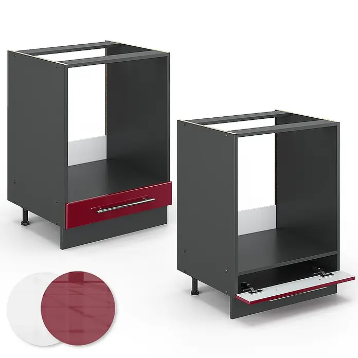 Vicco Schrankküche Fame-Line Bordeaux Hochglanz, AP Eiche - Bordeaux Hochglanz, Herdumbauschrank 60 cm, AP Eiche - Zwei dunkelgraue Küchenunterschränke mit roten Hochglanzfronten, einer mit Schublade, einer mit Klappe. Weiße und rote Farbmuster.