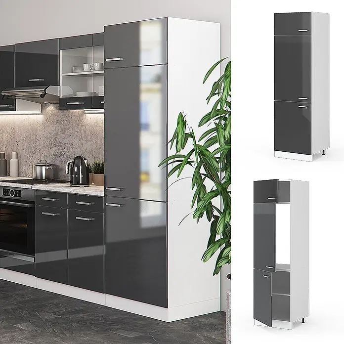 Vicco Schrankküche R-Line Anthrazit Hochglanz - Anthrazit Hochglanz, Kühlumbauschrank 60 cm - Hoher Küchenschrank mit glänzenden grauen Türen und weißem Korpus, passend für moderne Küchen.